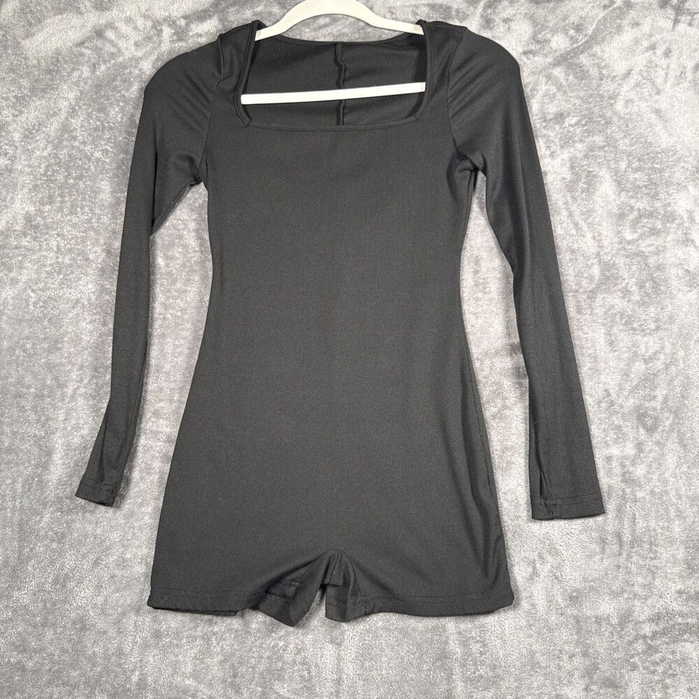 Women's Long Sleeve Square Neck Ribbed Romper Black Medium/Large